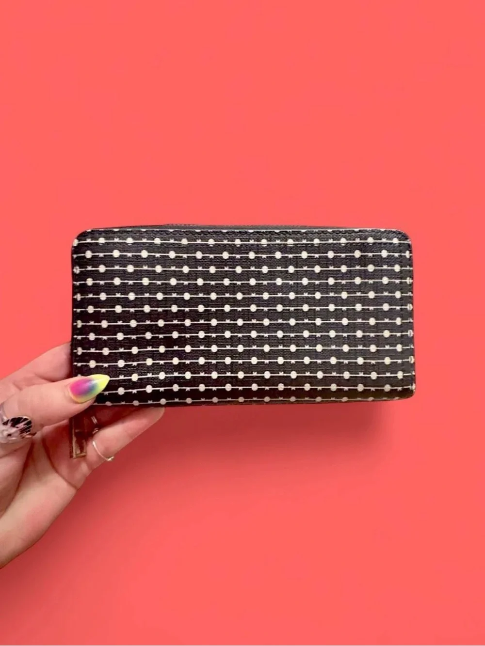Fossil Logan Zip Around Wallet - black and white dot pattern